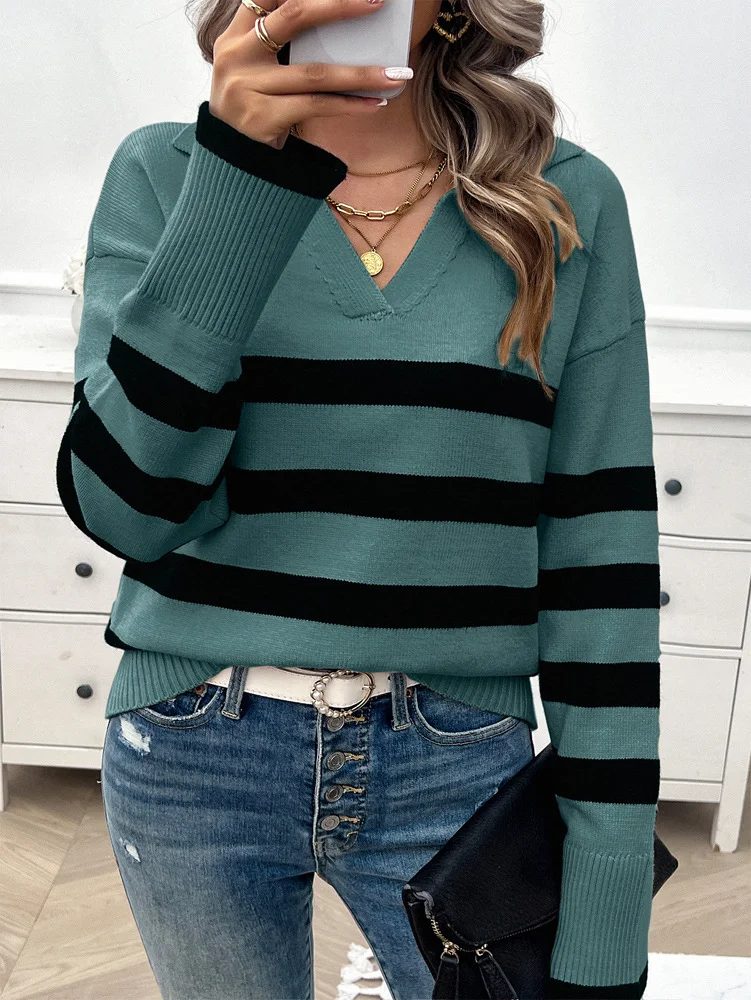 Women's Spring/Fall Striped Casual Long Sleeve Shirt Collar Wool/Knitting Sweater