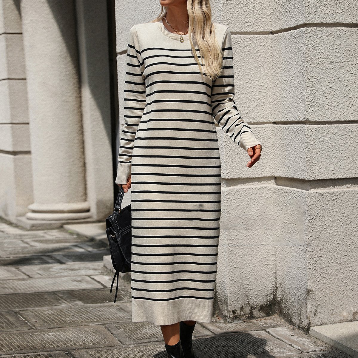 Women's Long Sleeve Autumn Striped Yarn/Wool Yarn Dress Crew Neck Daily Going Out Casual Midi H-Line Sweater Dress