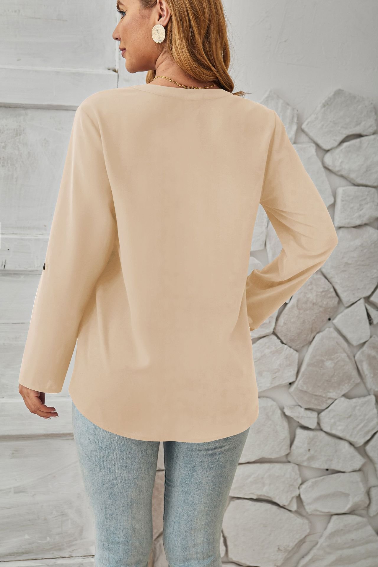 Women's Long Sleeve Blouse Spring/Fall Plain Buckle Crew Neck Daily Going Out Casual Top