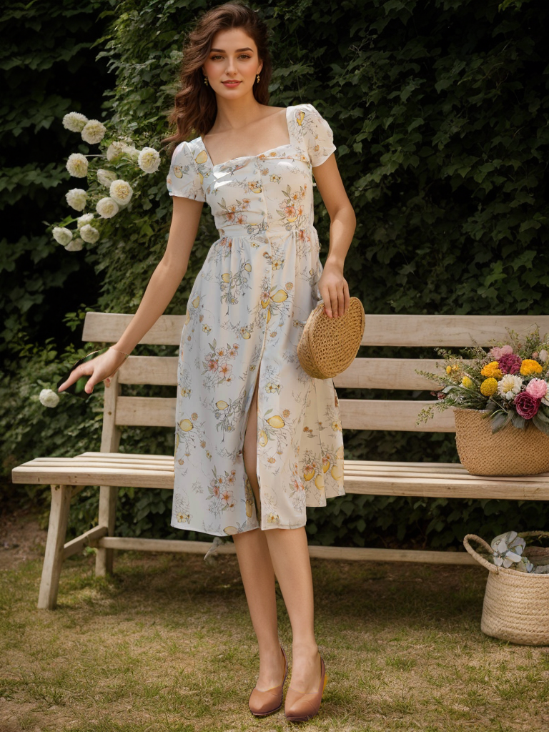 Women's Short Sleeve Summer Floral Cotton Dress Square Neck Daily Going Out Vintage Midi X-Line White