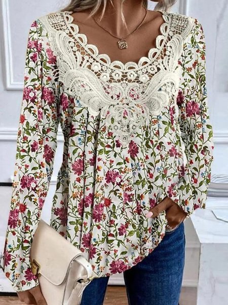 Women's Long Sleeve Blouse Spring/Fall Floral Lace Jersey Daily Going Out Casual Top