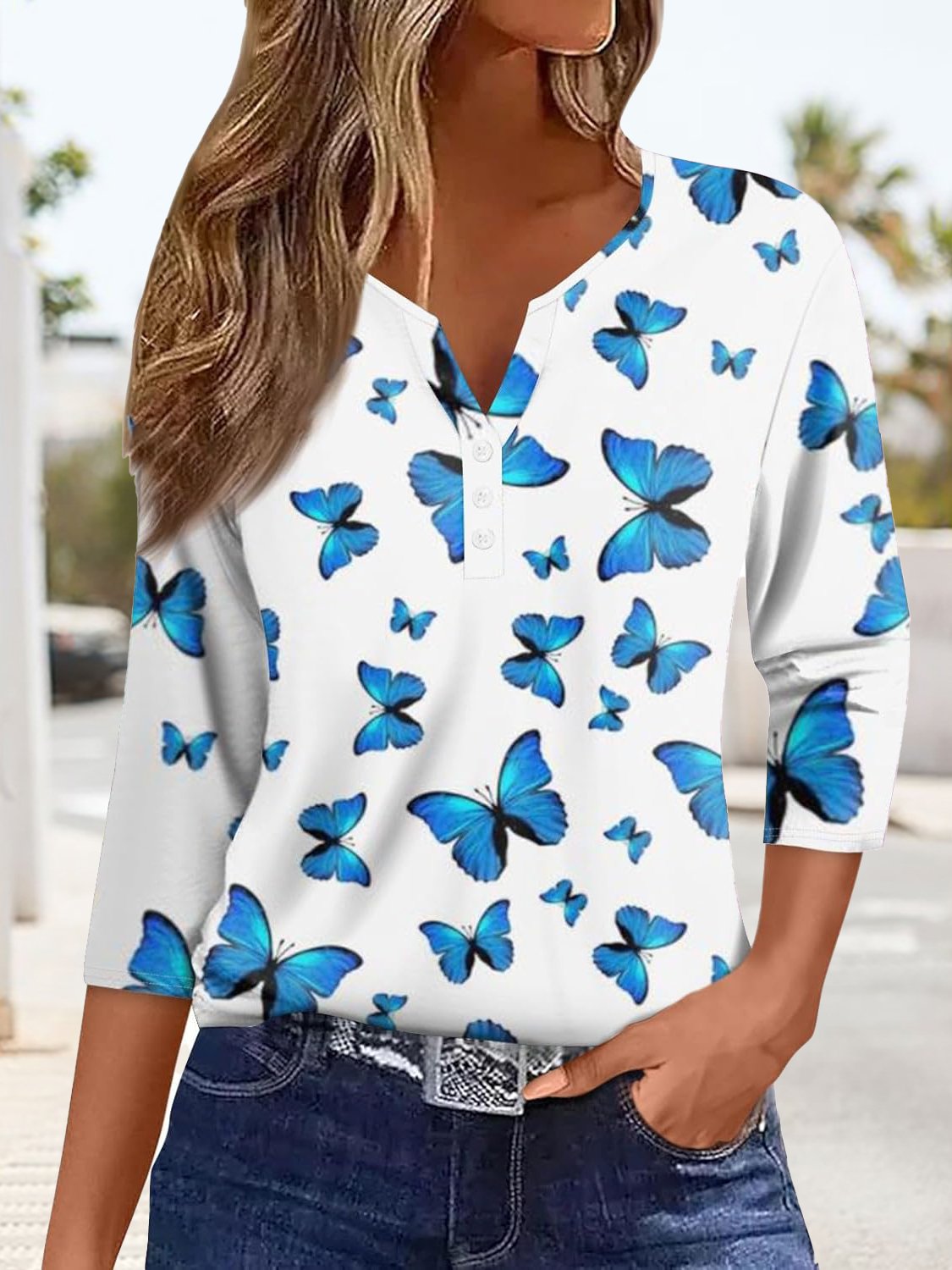 Women's Three Quarter Sleeve Tee T-shirt Spring/Fall Butterfly Knitted Notched Daily Going Out Casual Top