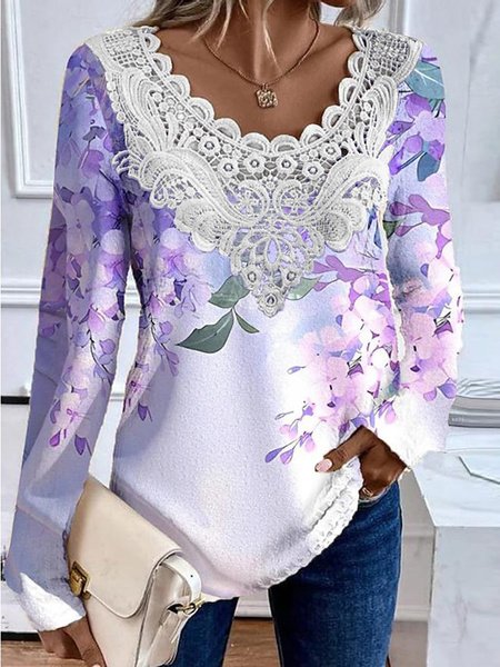 Women's Long Sleeve Blouse Spring/Fall Floral Lace Jersey Daily Going Out Casual Top