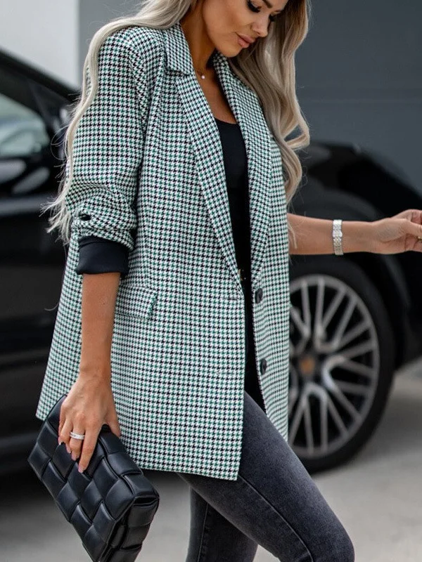 Women's Spring/Fall Outerwear Casual Houndstooth Long Sleeve Lapel Collar Regular Blazer