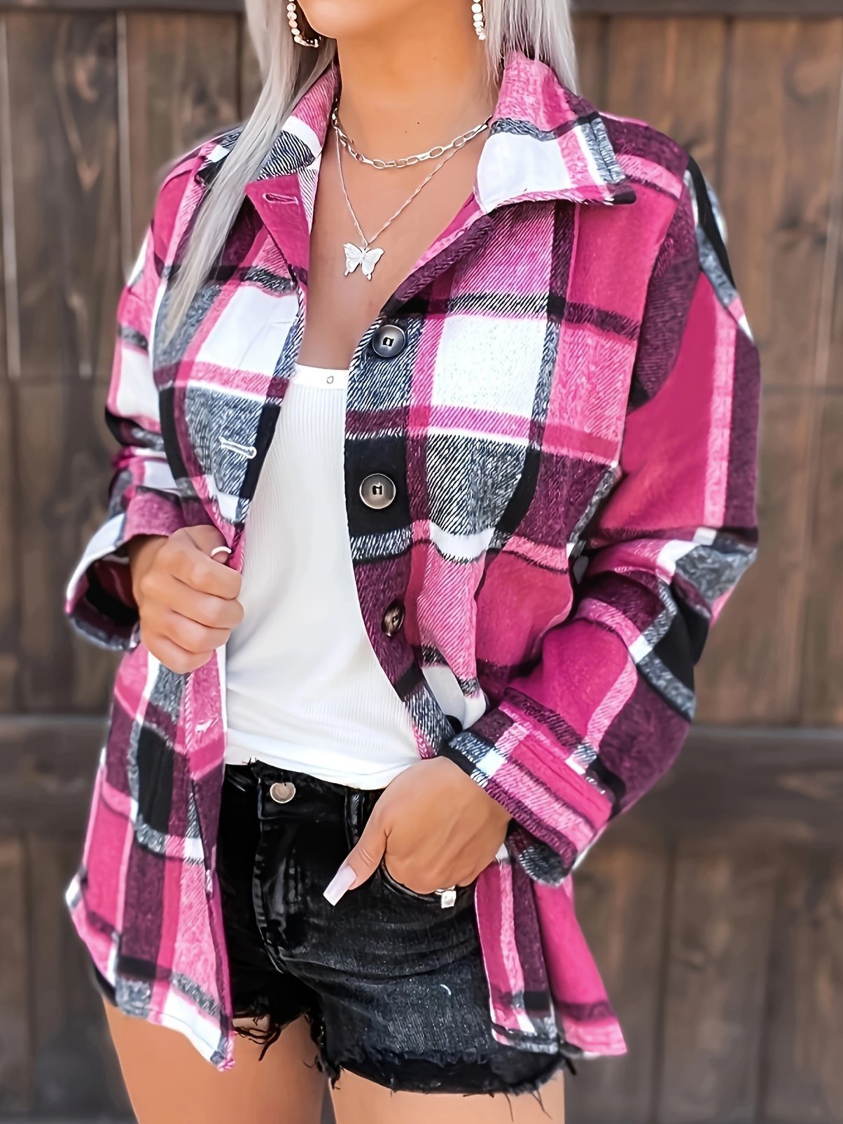 Women's Spring/Fall Outerwear Casual Cotton-Blend Plaid Long Sleeve Shirt Collar Jacket