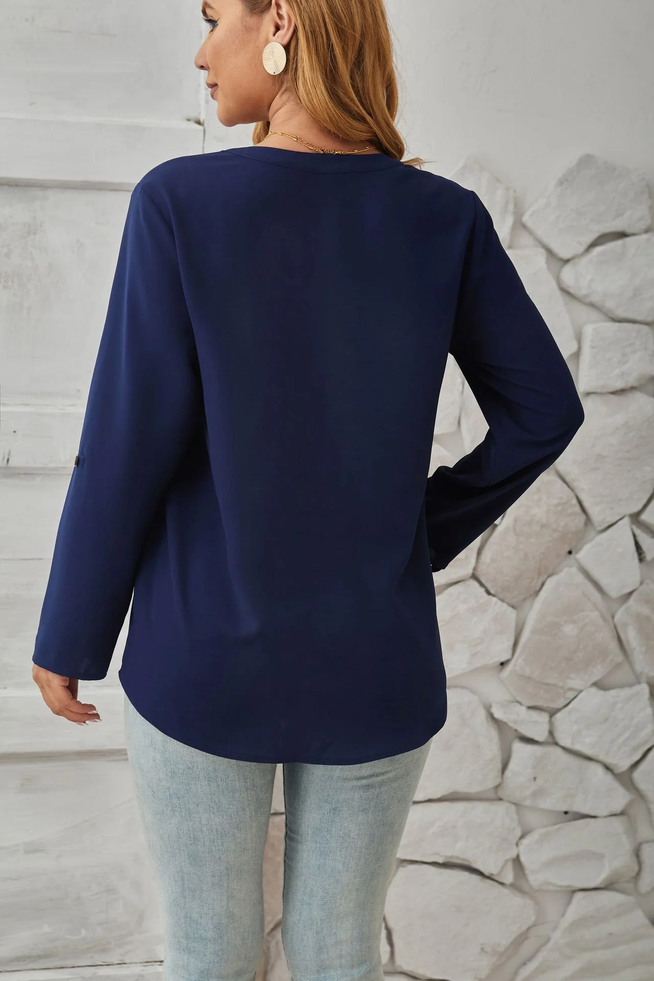 Women's Long Sleeve Blouse Spring/Fall Plain Buckle Crew Neck Daily Going Out Casual Top