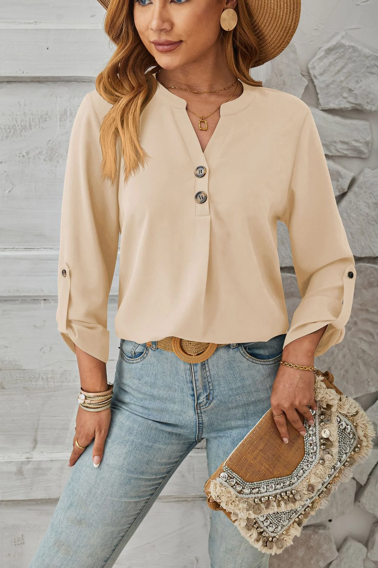 Women's Long Sleeve Blouse Spring/Fall Plain Buckle Crew Neck Daily Going Out Casual Top