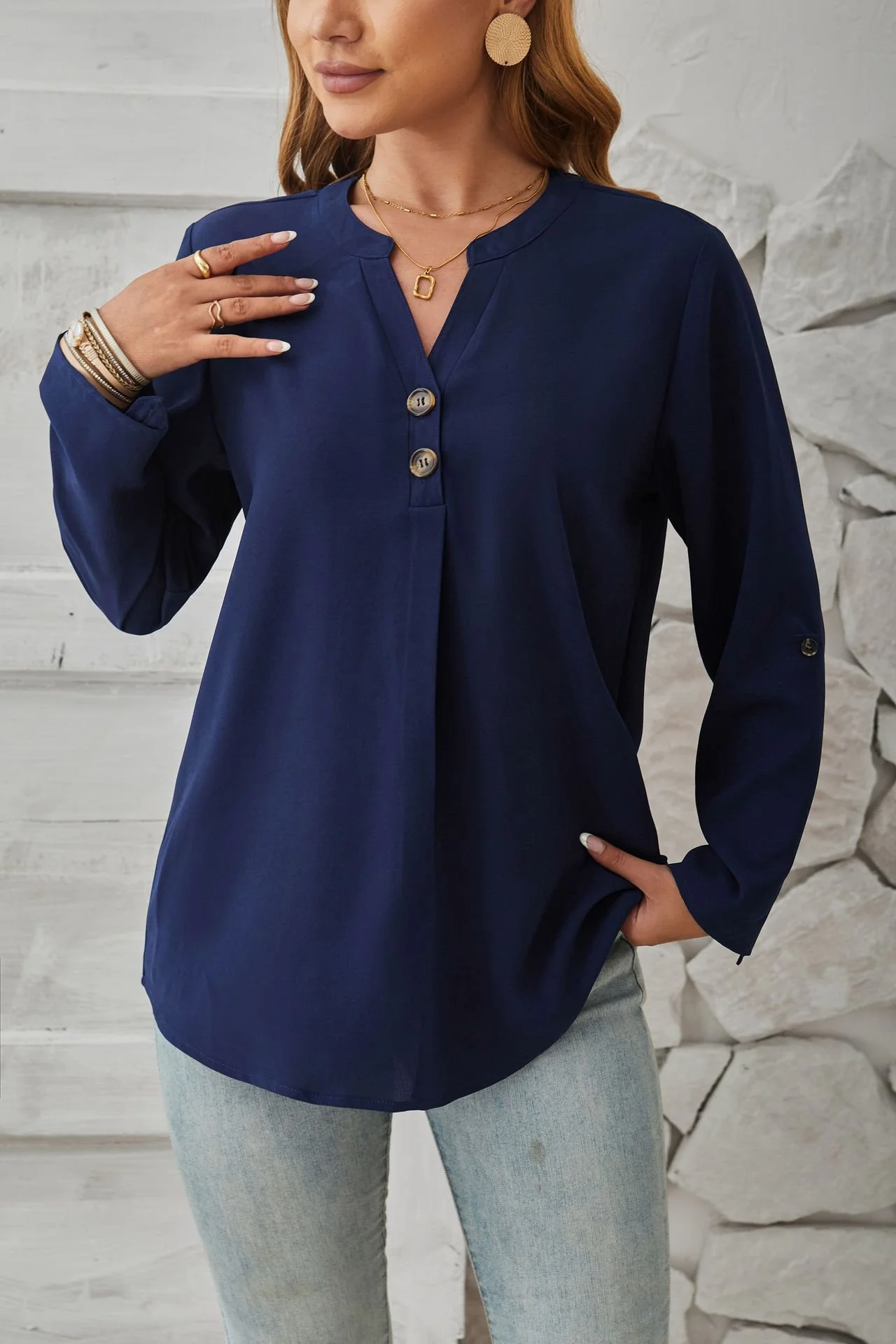 Women's Long Sleeve Blouse Spring/Fall Plain Buckle Crew Neck Daily Going Out Casual Top