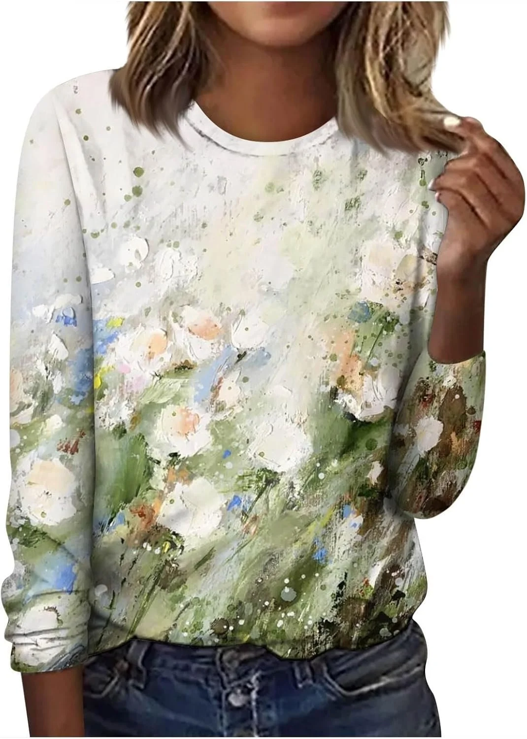 Women's Long Sleeve Tee T-shirt Spring/Fall Floral Knitted Crew Neck Daily Going Out Casual Top