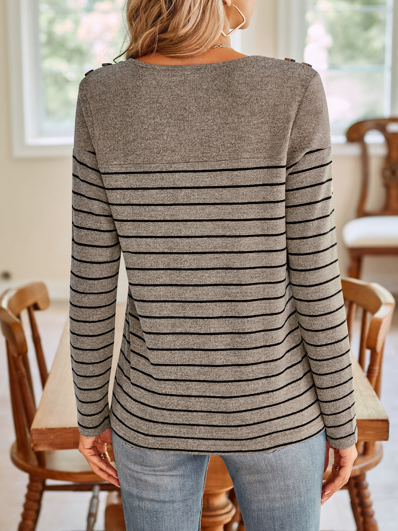 Women's Long Sleeve Blouse Spring/Fall Striped Buckle Crew Neck Daily Going Out Casual Top