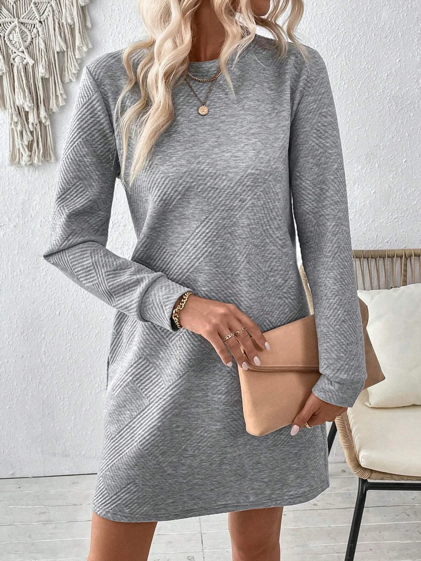 Women's Long Sleeve Spring/Fall Plain Jacquard Jacquard Dress Crew Neck Daily Going Out Casual Mini H-Line T-Shirt Dress