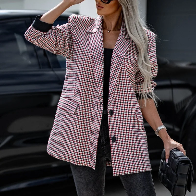 Women's Spring/Fall Outerwear Casual Houndstooth Long Sleeve Lapel Collar Regular Blazer