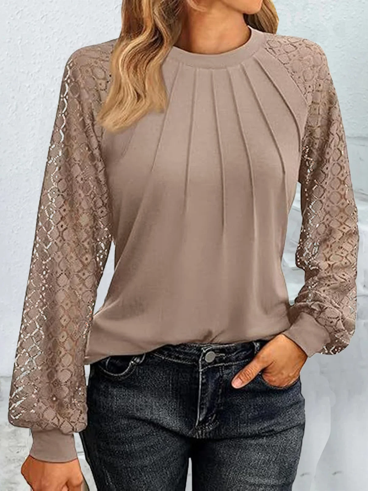 Women's Long Sleeve Tee T-shirt Spring/Fall Plain Panel Lace Crew Neck Daily Going Out Casual Top