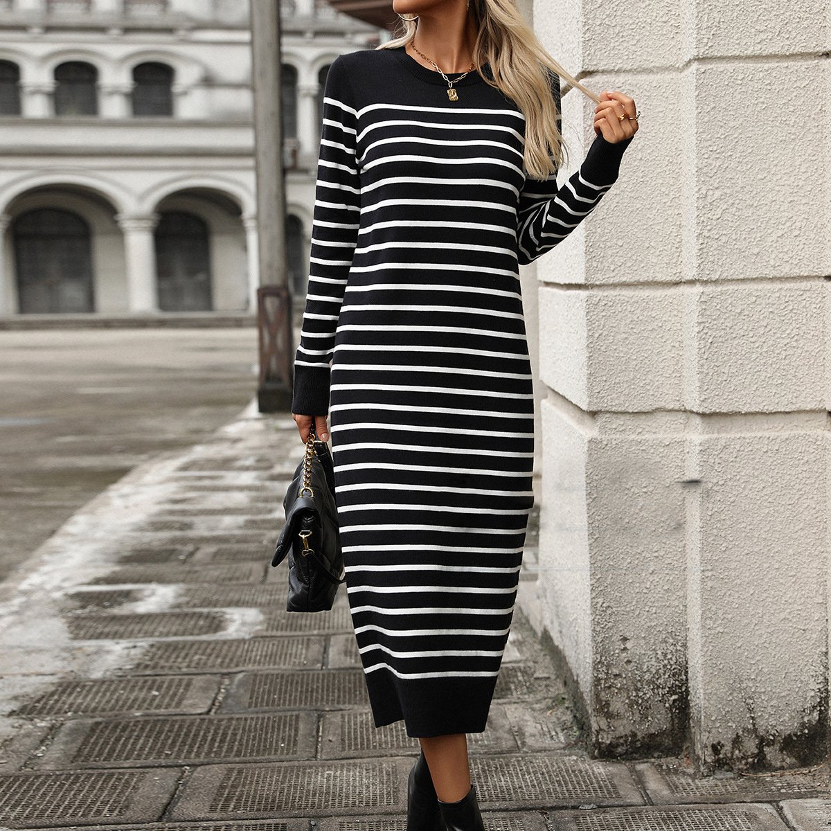 Women's Long Sleeve Autumn Striped Yarn/Wool Yarn Dress Crew Neck Daily Going Out Casual Midi H-Line Sweater Dress