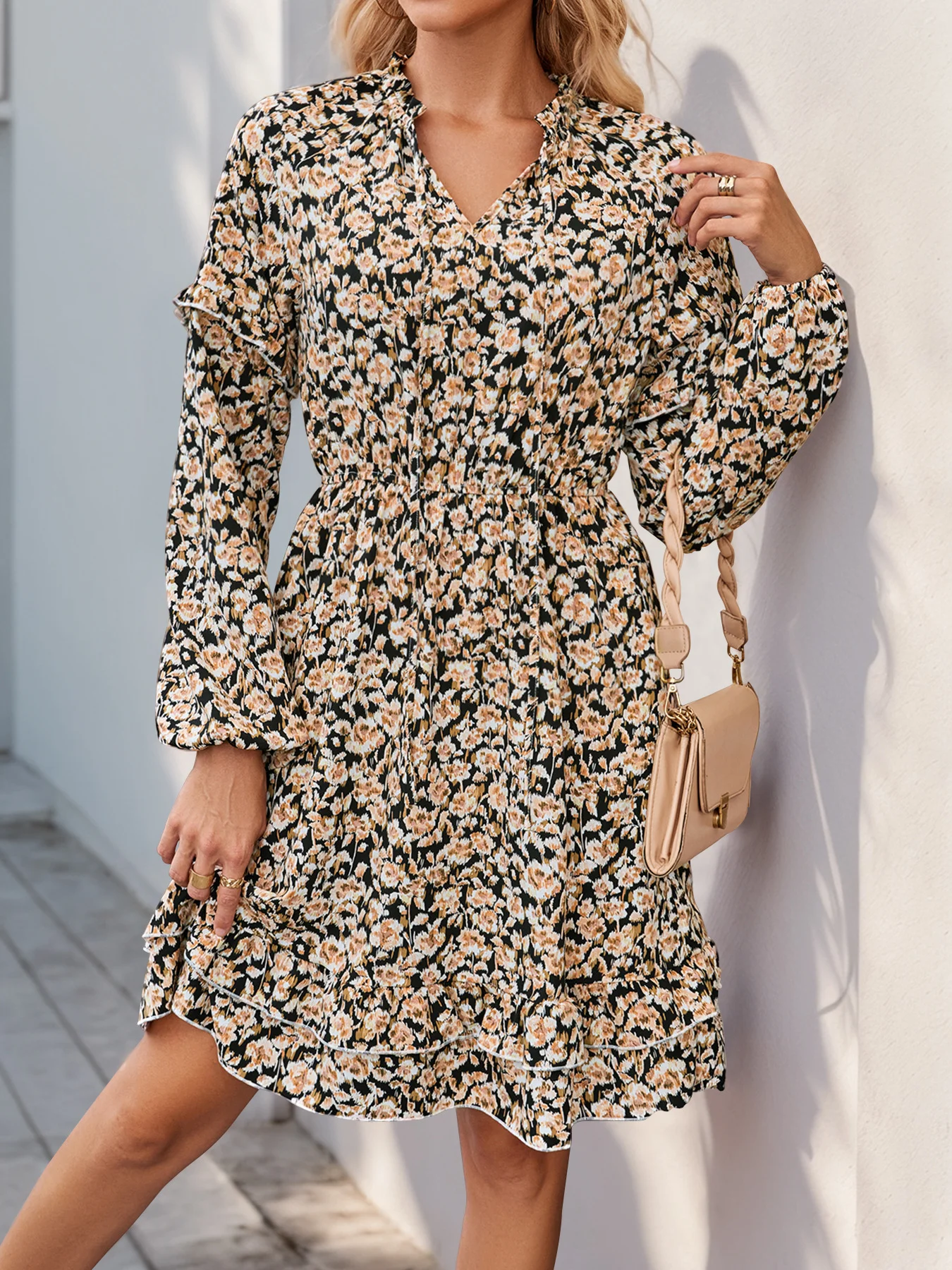 Women's Long Sleeve Spring/Fall Floral Dress Crew Neck Daily Going Out Vacation Midi X-Line