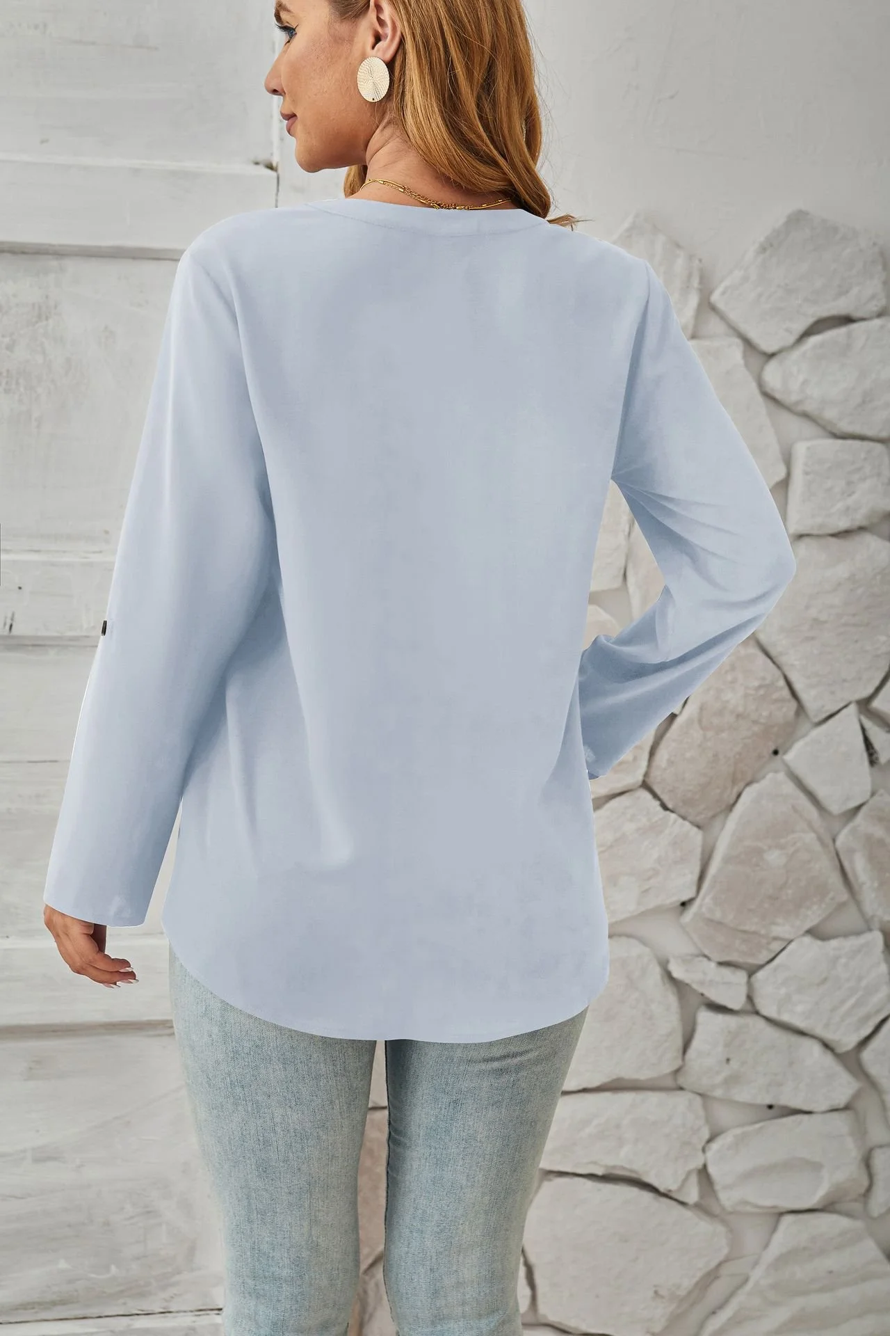 Women's Long Sleeve Blouse Spring/Fall Plain Buckle Crew Neck Daily Going Out Casual Top