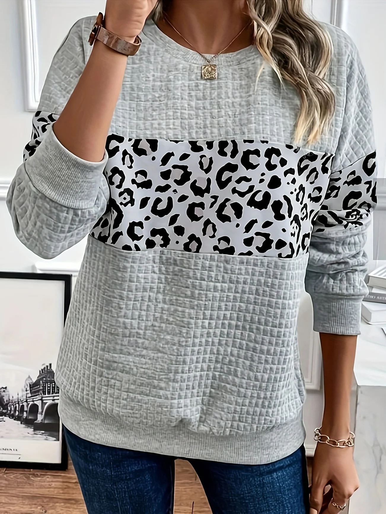 Women's Crew Neck Leopard Split Joint Casual Spring/Fall Long Sleeve Sweatshirt