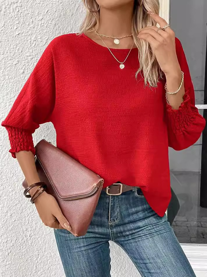 Women's Three Quarter Sleeve Blouse Spring/Fall Plain Jersey Crew Neck Daily Going Out Casual Top