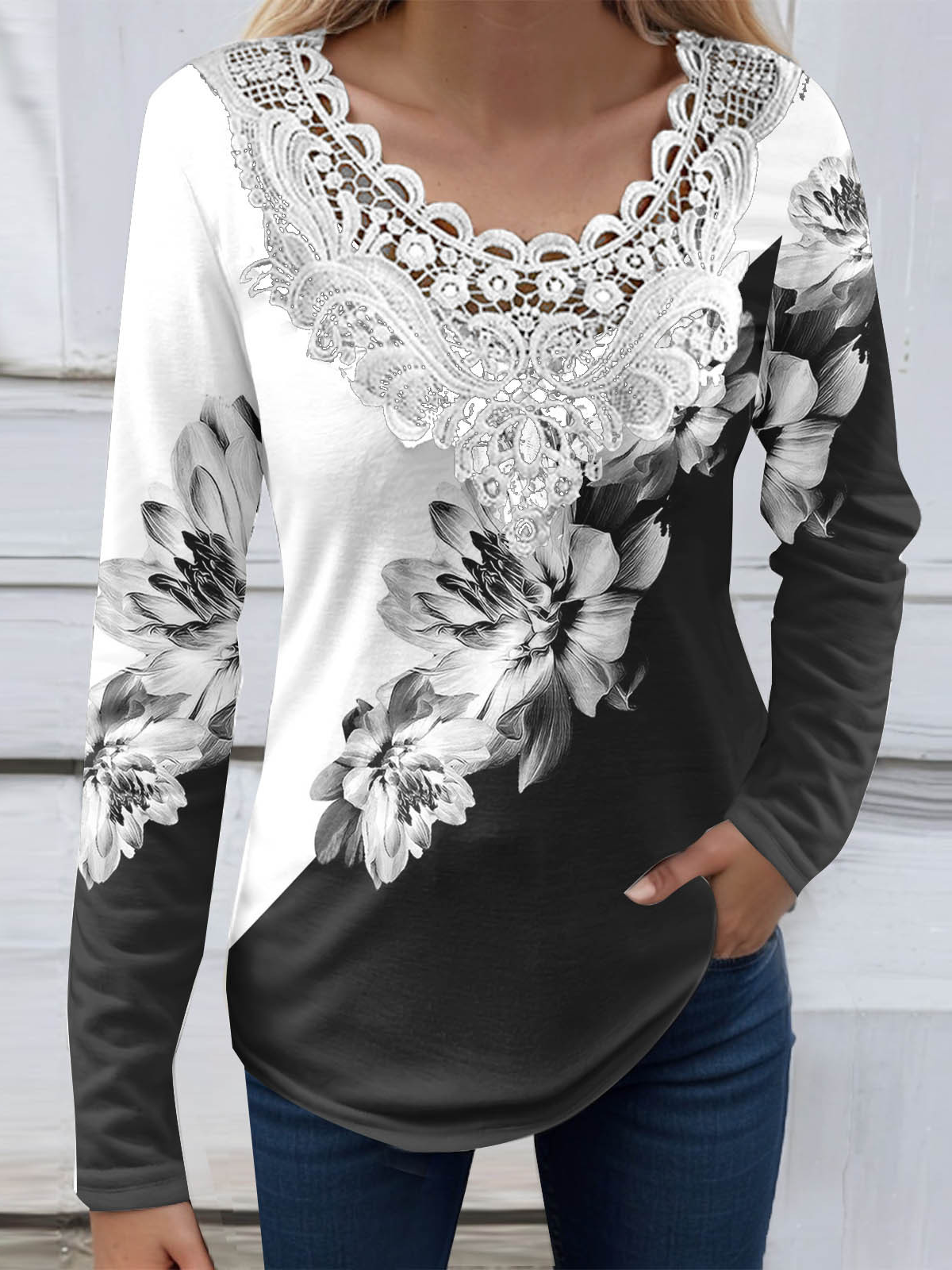 Women's Long Sleeve Blouse Spring/Fall Floral Lace Jersey V Neck Daily Going Out Casual Top