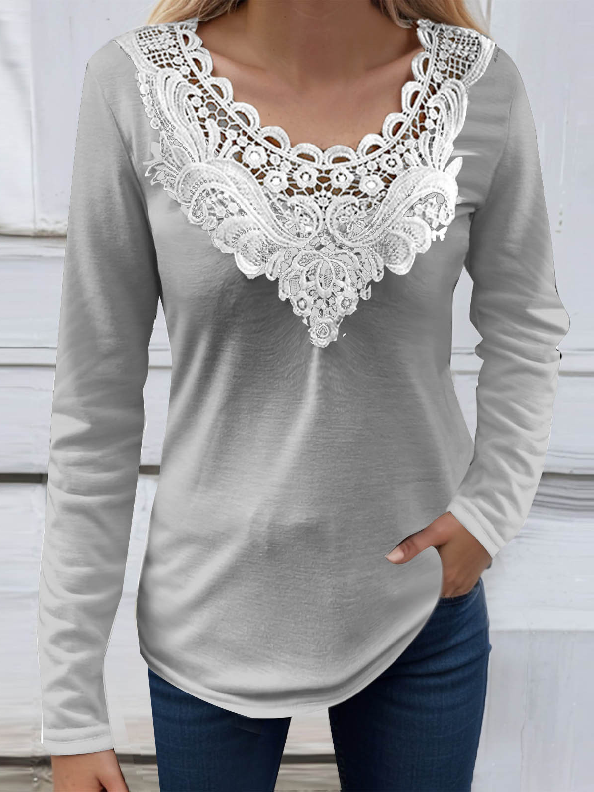 Women's Long Sleeve Blouse Spring/Fall Floral Lace Jersey V Neck Daily Going Out Casual Top