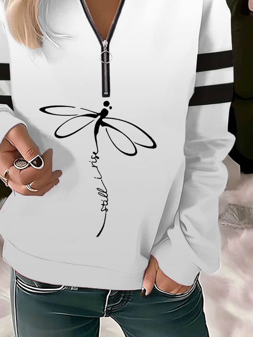 Women's Crew Neck Dragonfly Zipper Casual Spring/Fall Long Sleeve Sweatshirt