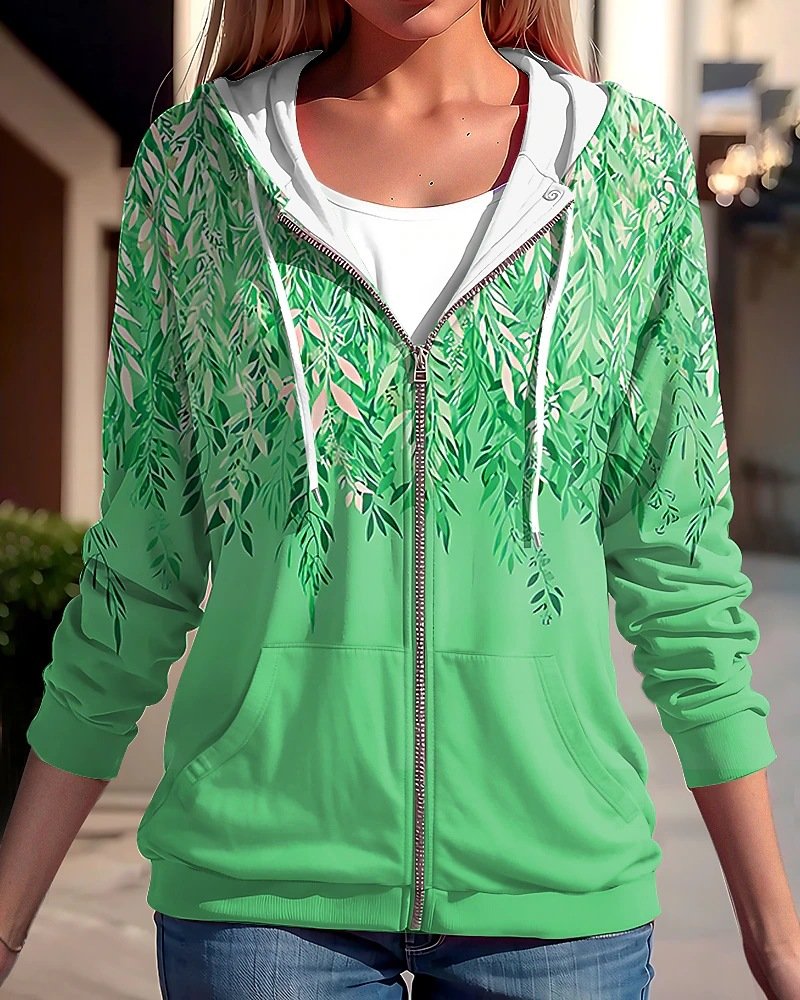 Women Spring/Fall Outerwear Casual Zipper Leaf Long Sleeve Jacket