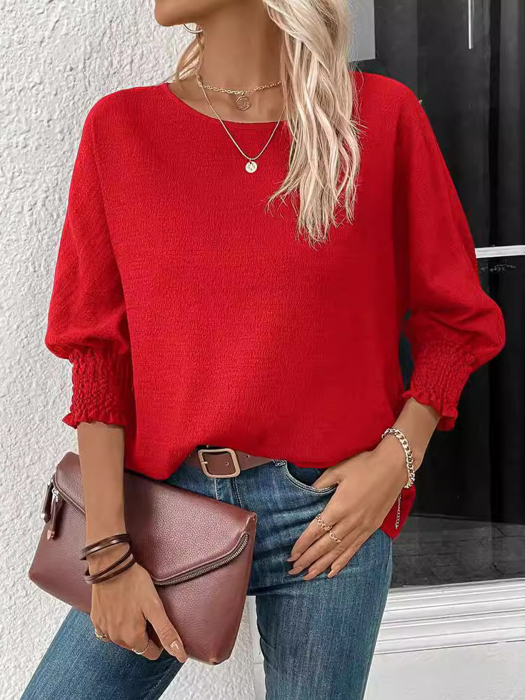 Women's Three Quarter Sleeve Blouse Spring/Fall Plain Jersey Crew Neck Daily Going Out Casual Top