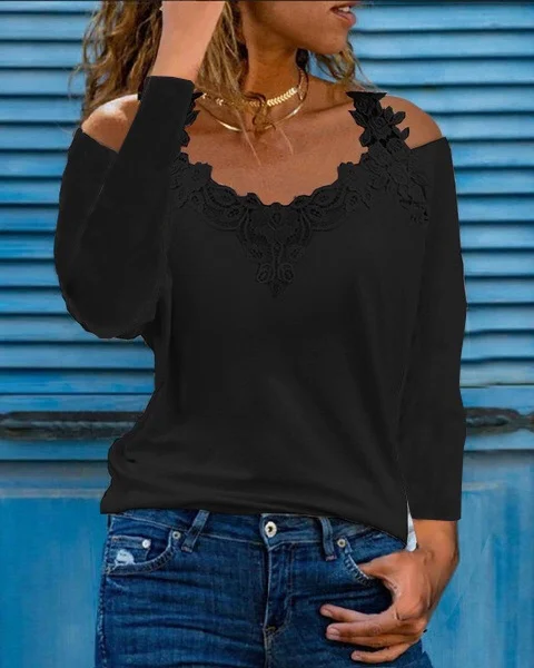 Women's Long Sleeve Blouse Spring/Fall Plain Lace Jersey Daily Going Out Casual Top