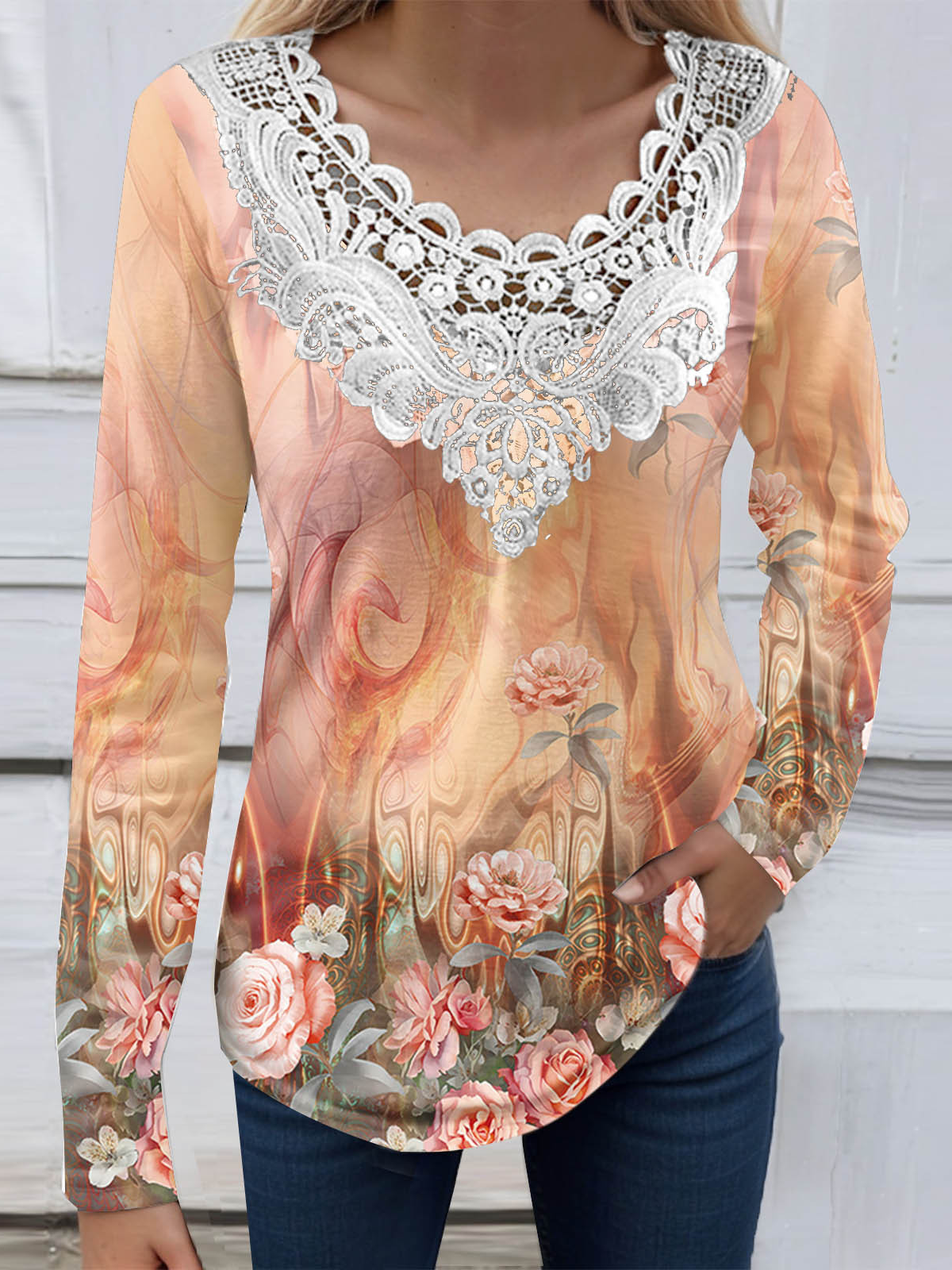 Women's Long Sleeve Blouse Spring/Fall Floral Lace Jersey V Neck Daily Going Out Casual Top