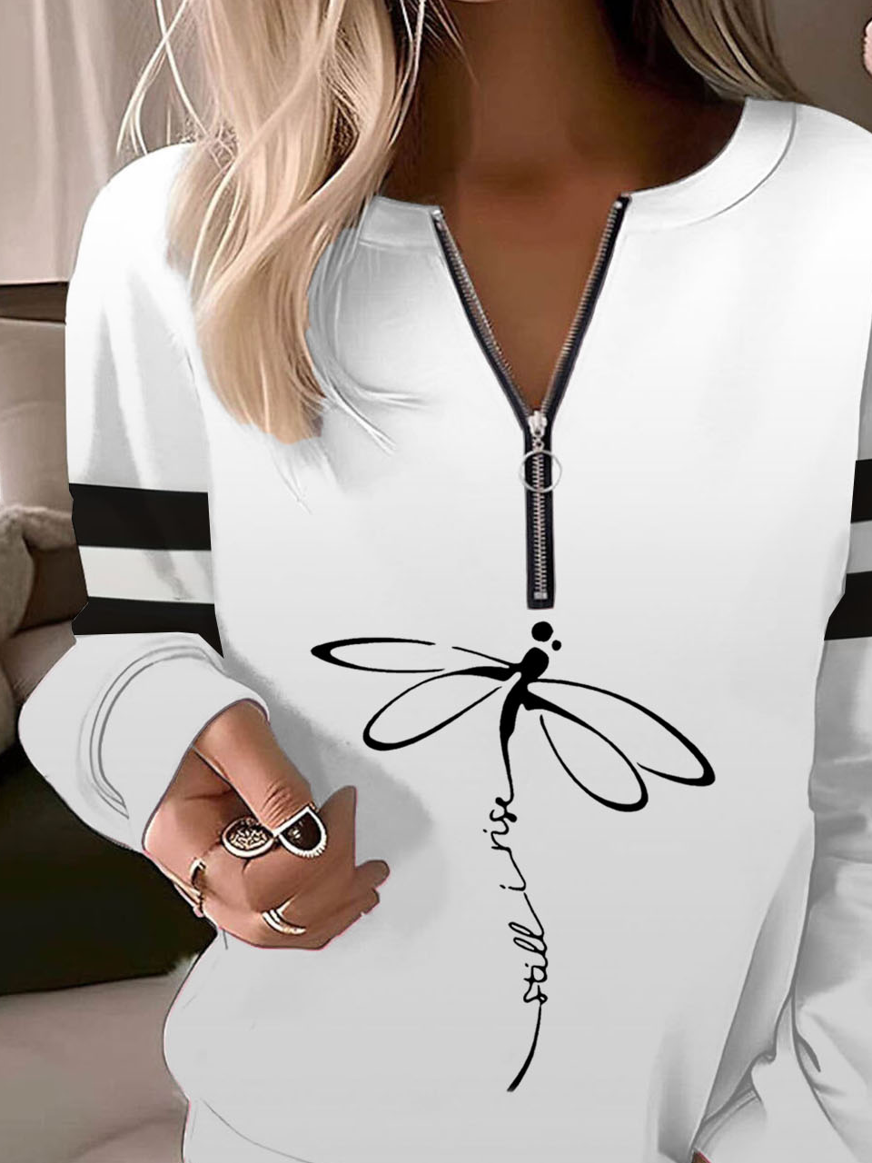 Women's Crew Neck Dragonfly Zipper Casual Spring/Fall Long Sleeve Sweatshirt