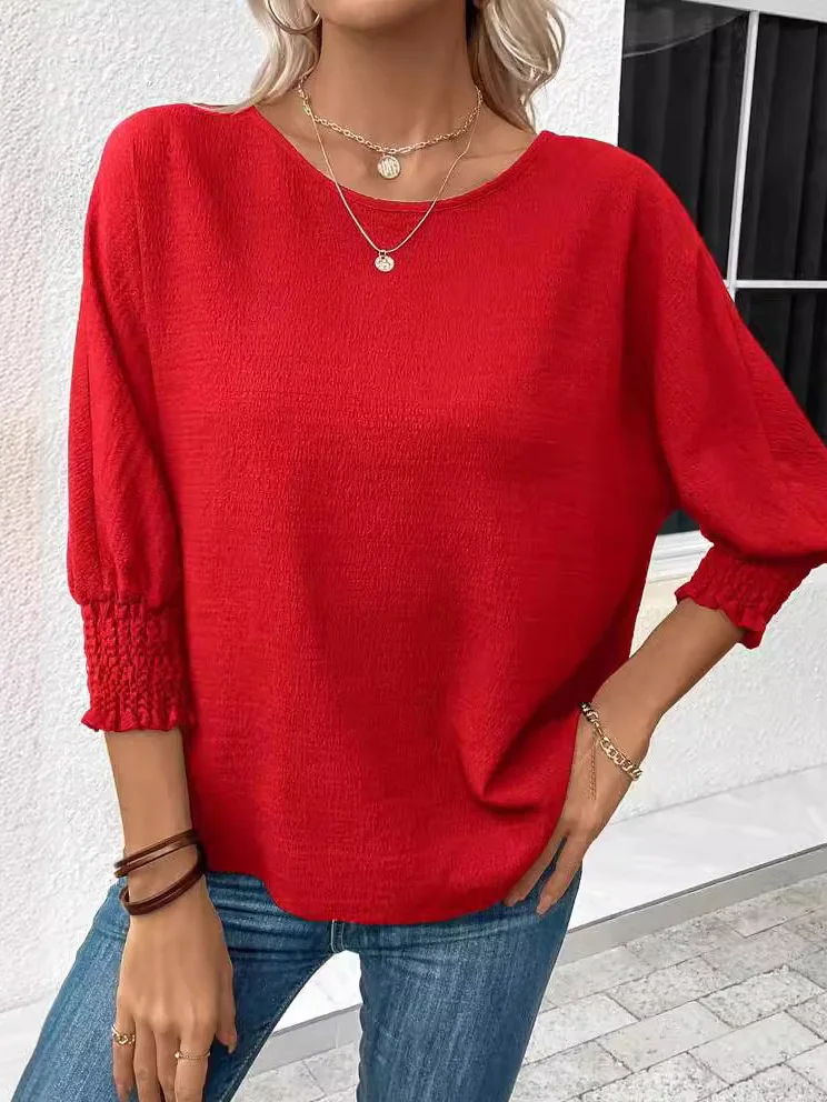 Women's Three Quarter Sleeve Blouse Spring/Fall Plain Jersey Crew Neck Daily Going Out Casual Top