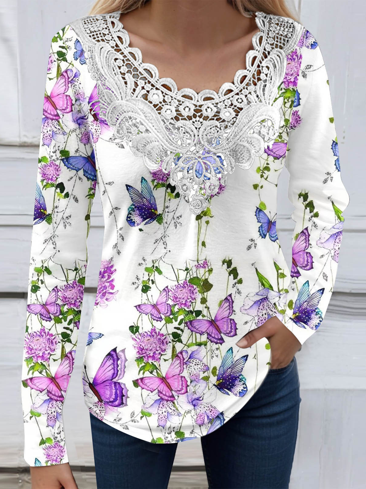 Women's Long Sleeve Blouse Spring/Fall Floral Lace Jersey V Neck Daily Going Out Casual Top