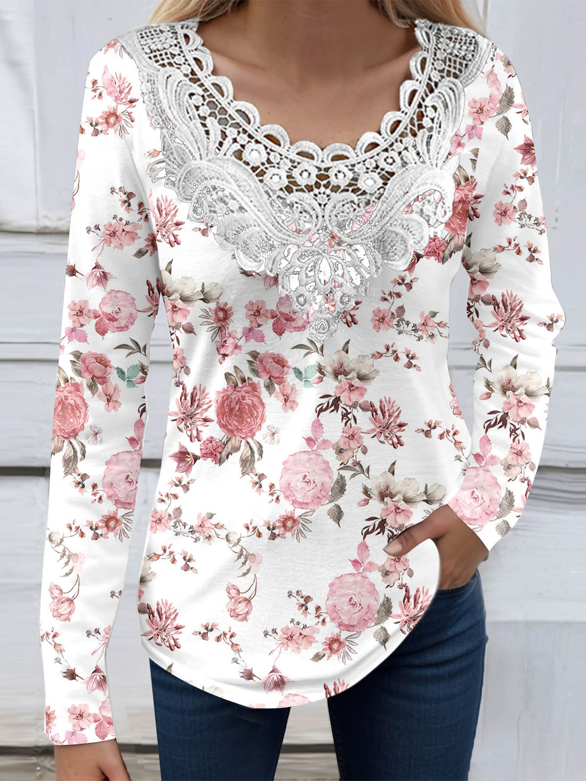 Women's Long Sleeve Blouse Spring/Fall Floral Lace Jersey V Neck Daily Going Out Casual Top