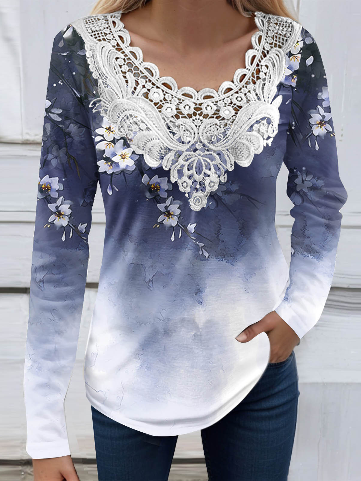 Women's Long Sleeve Blouse Spring/Fall Floral Lace Jersey V Neck Daily Going Out Casual Top