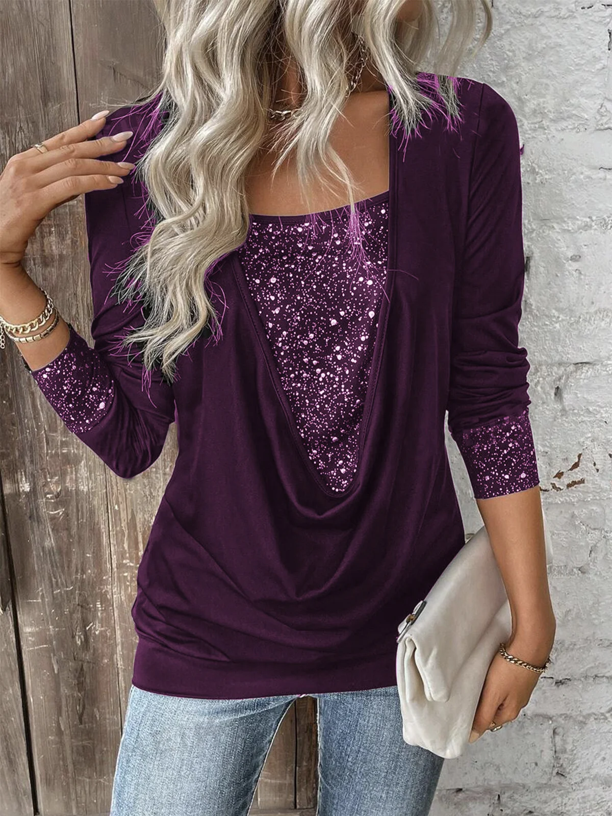 Women's Long Sleeve Blouse Spring/Fall Polka Dots Lace Jersey Crew Neck Daily Going Out Casual Top