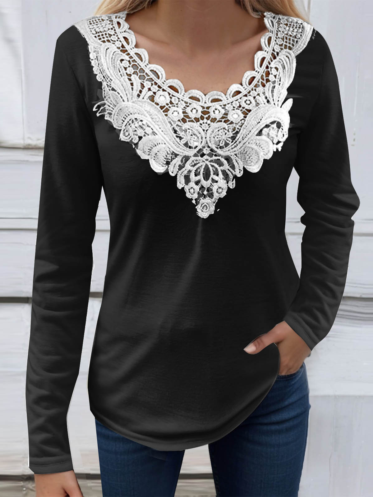 Women's Long Sleeve Blouse Spring/Fall Floral Lace Jersey V Neck Daily Going Out Casual Top