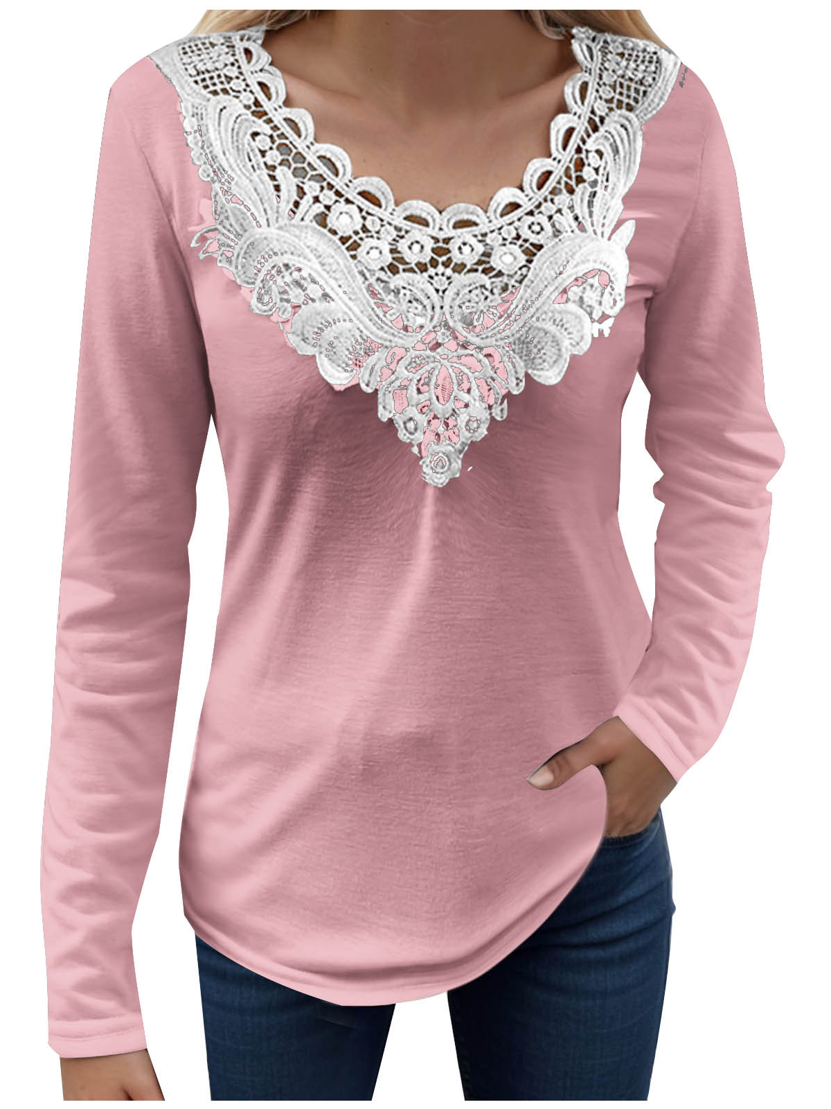 Women's Long Sleeve Blouse Spring/Fall Floral Lace Jersey V Neck Daily Going Out Casual Top