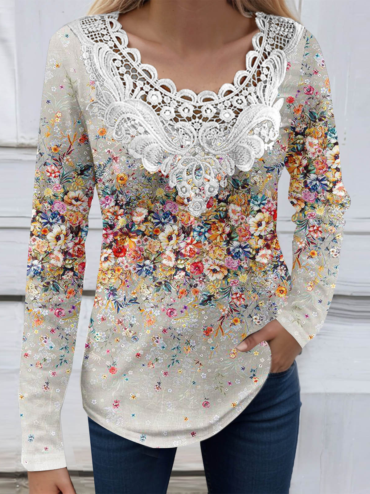 Women's Long Sleeve Blouse Spring/Fall Floral Lace Jersey V Neck Daily Going Out Casual Top