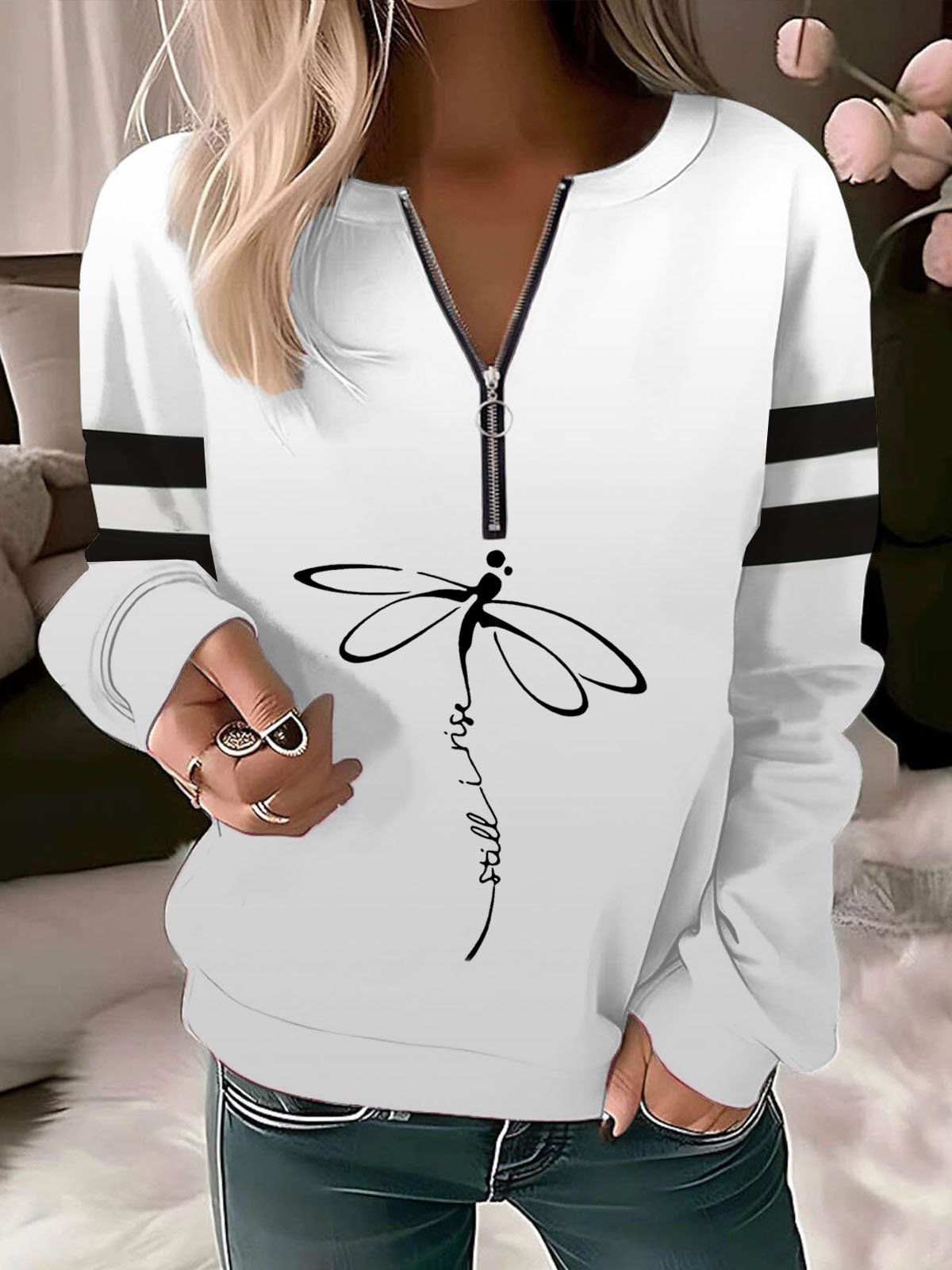 Women's Crew Neck Dragonfly Zipper Casual Spring/Fall Long Sleeve Sweatshirt