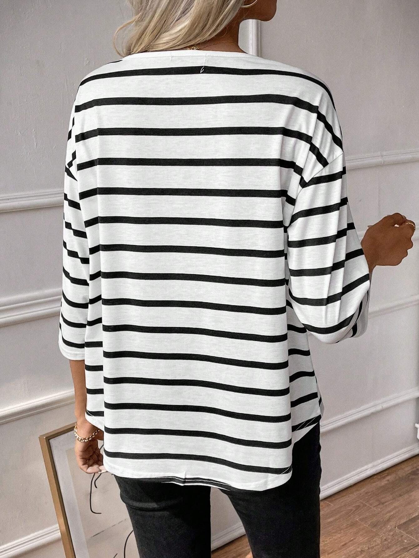 Women's Three Quarter Sleeve Tee T-shirt Spring/Fall Striped Knitted Crew Neck Daily Going Out Casual Top