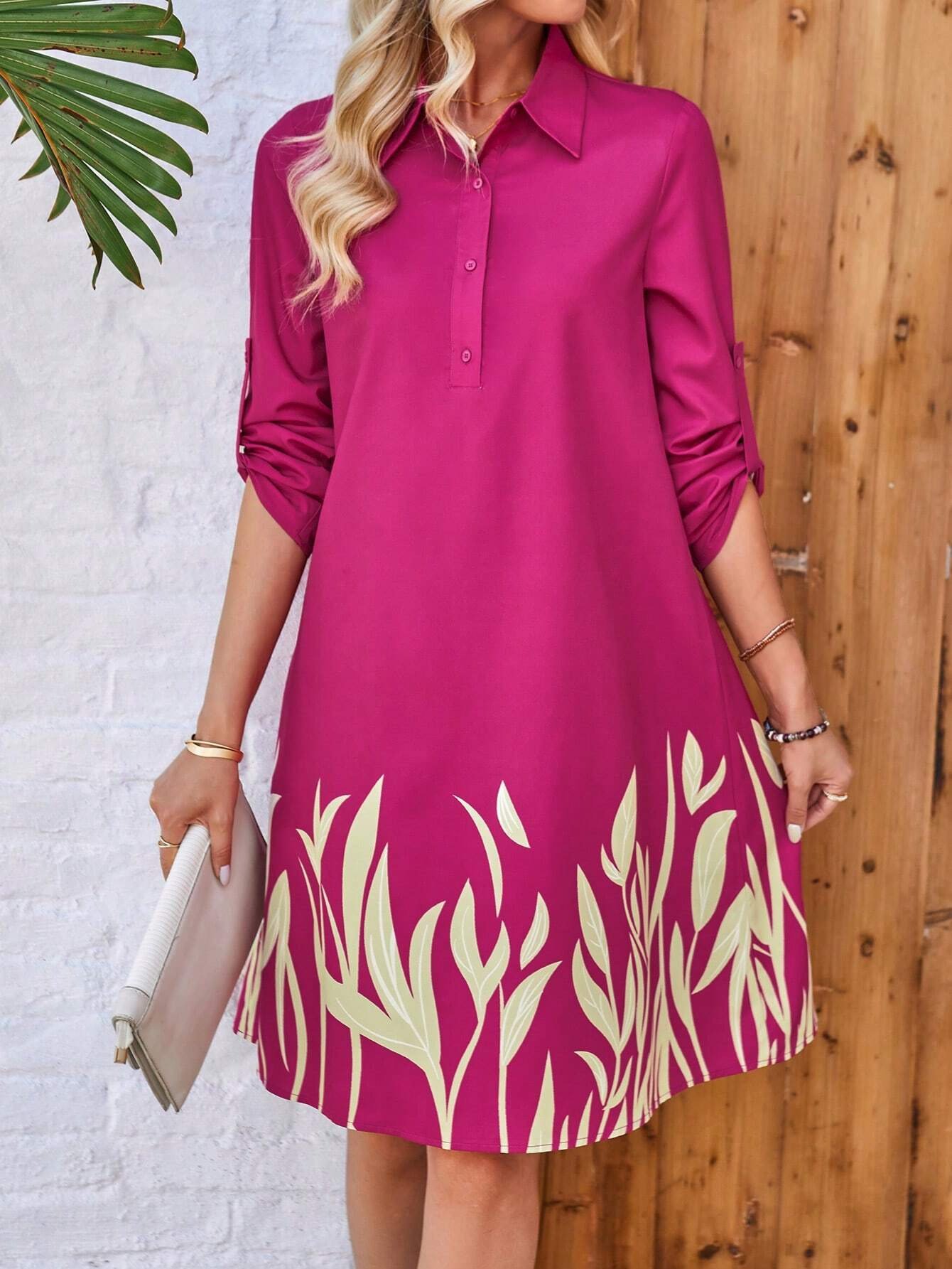 Women's Long Sleeve Spring/Fall Leaf Buckle Dress Shirt Collar Daily Going Out Casual Midi H-Line Shirt Dress