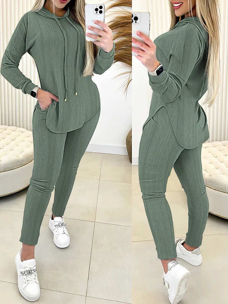 Women's Pocket Stitching Knitted Plain Daily Going Out Two Piece Set Long Sleeve Casual Spring/Fall Top With Pants Matching Set