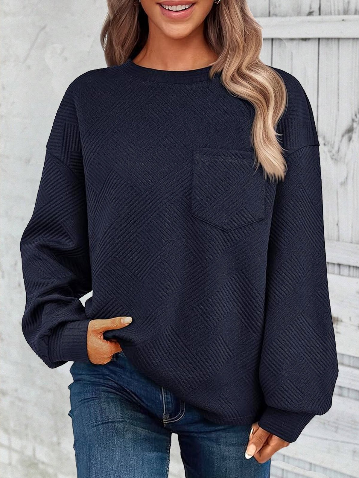 Women's Crew Neck Plain Jacquard Casual Spring/Fall Jacquard Long Sleeve Sweatshirt