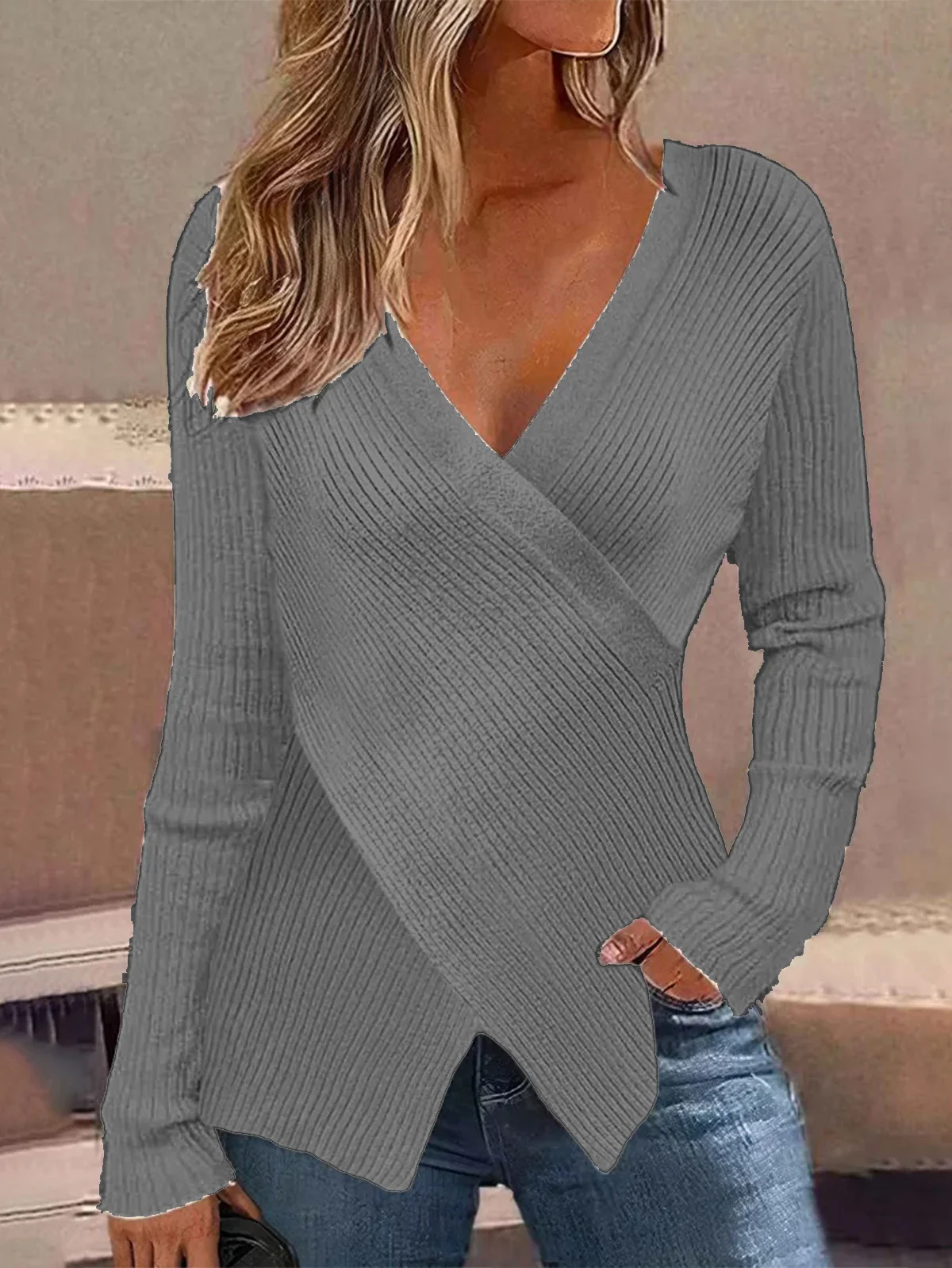 Women's Cross Spring/Fall Plain Casual Long Sleeve Cross Neck Yarn/Wool Yarn Sweater