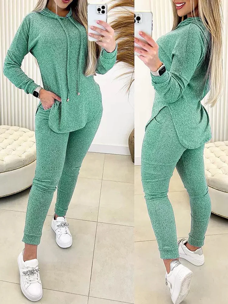 Women's Pocket Stitching Knitted Plain Daily Going Out Two Piece Set Long Sleeve Casual Spring/Fall Top With Pants Matching Set