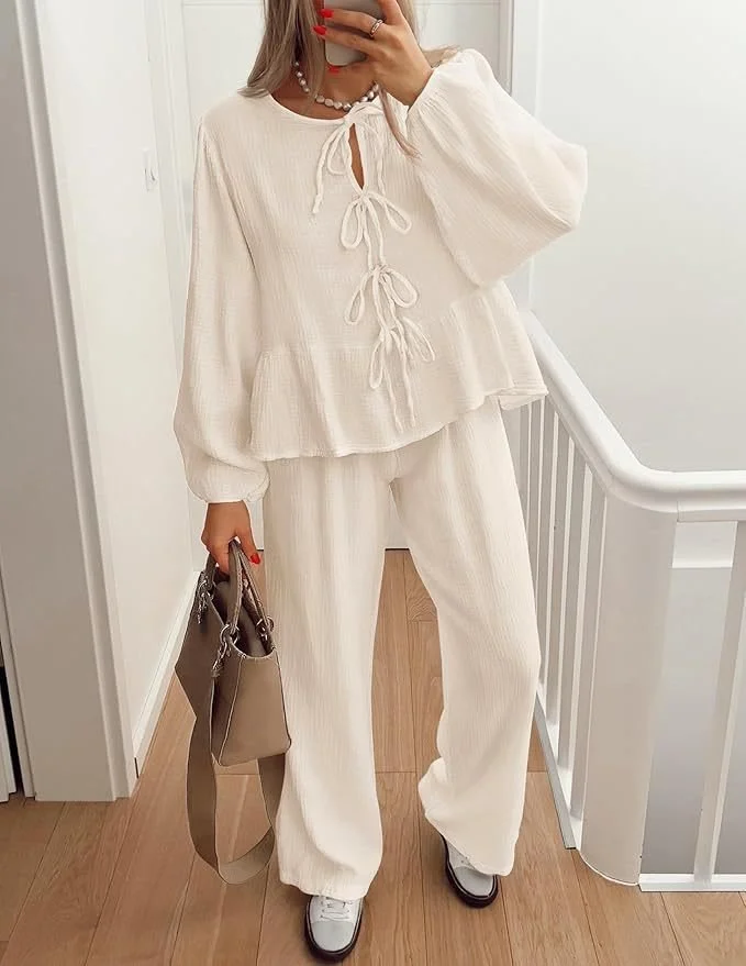 Women's Bow Plain Daily Going Out Two Piece Set Long Sleeve Casual Spring/Fall Top With Pants Matching Set