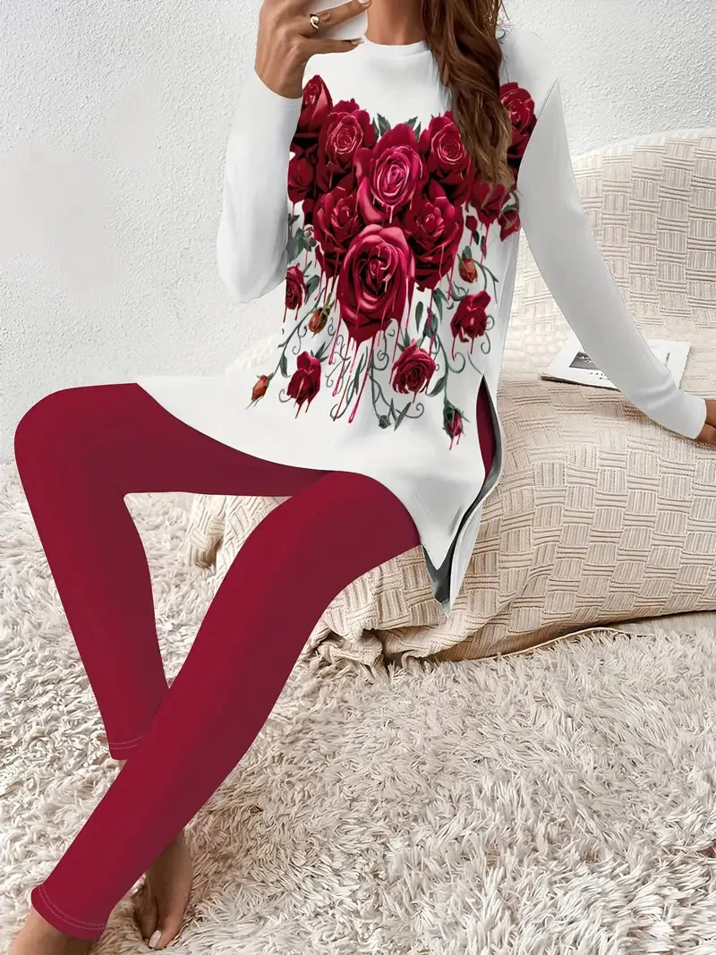 Women's Jersey Floral Daily Going Out Two Piece Set Long Sleeve Casual Spring/Fall Top With Pants Matching Set