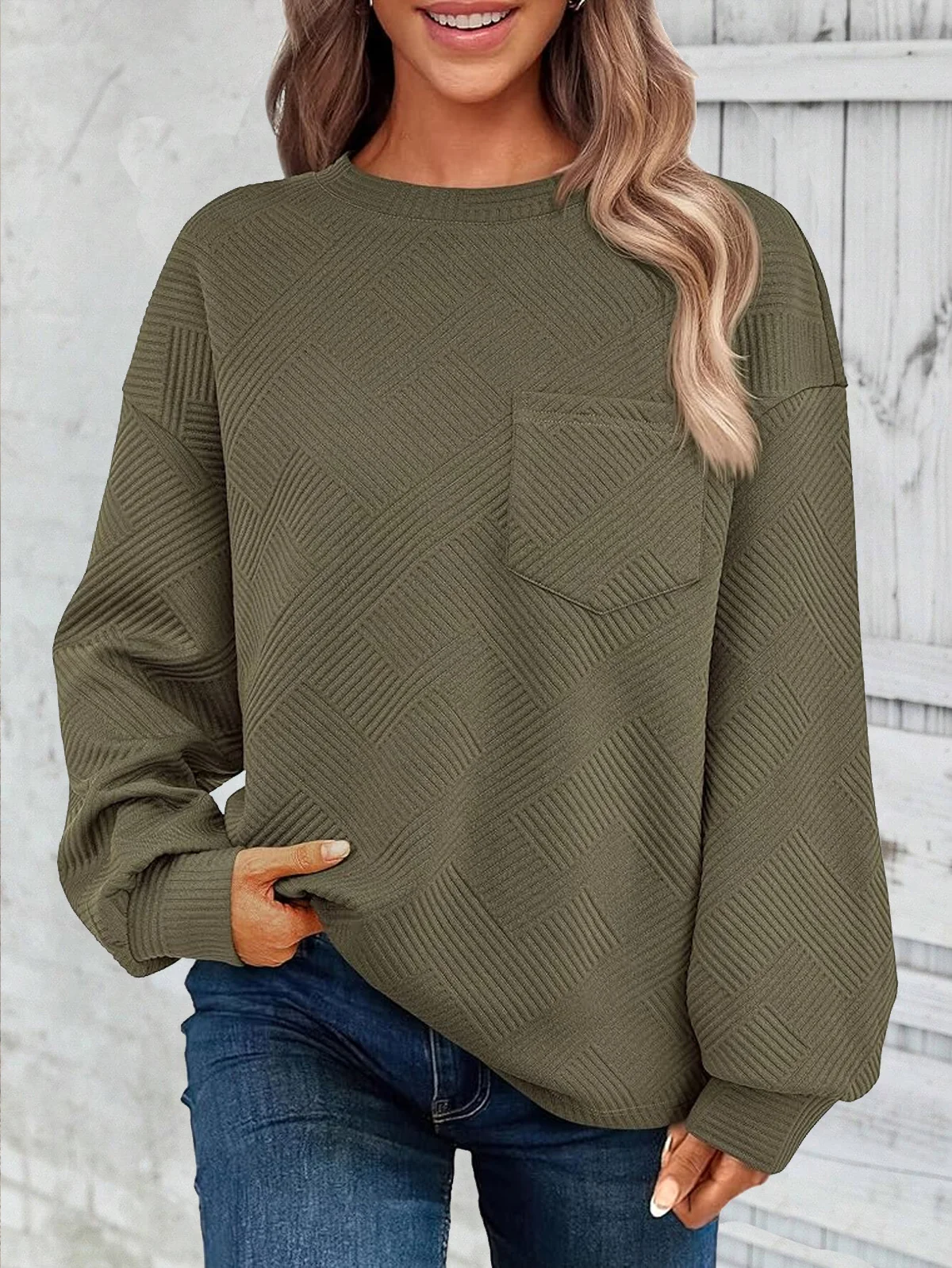 Women's Crew Neck Plain Jacquard Casual Spring/Fall Jacquard Long Sleeve Sweatshirt