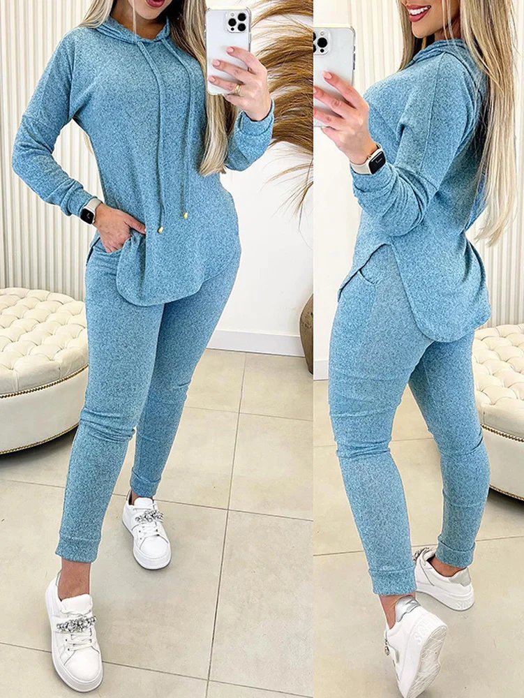 Women's Pocket Stitching Knitted Plain Daily Going Out Two Piece Set Long Sleeve Casual Spring/Fall Top With Pants Matching Set