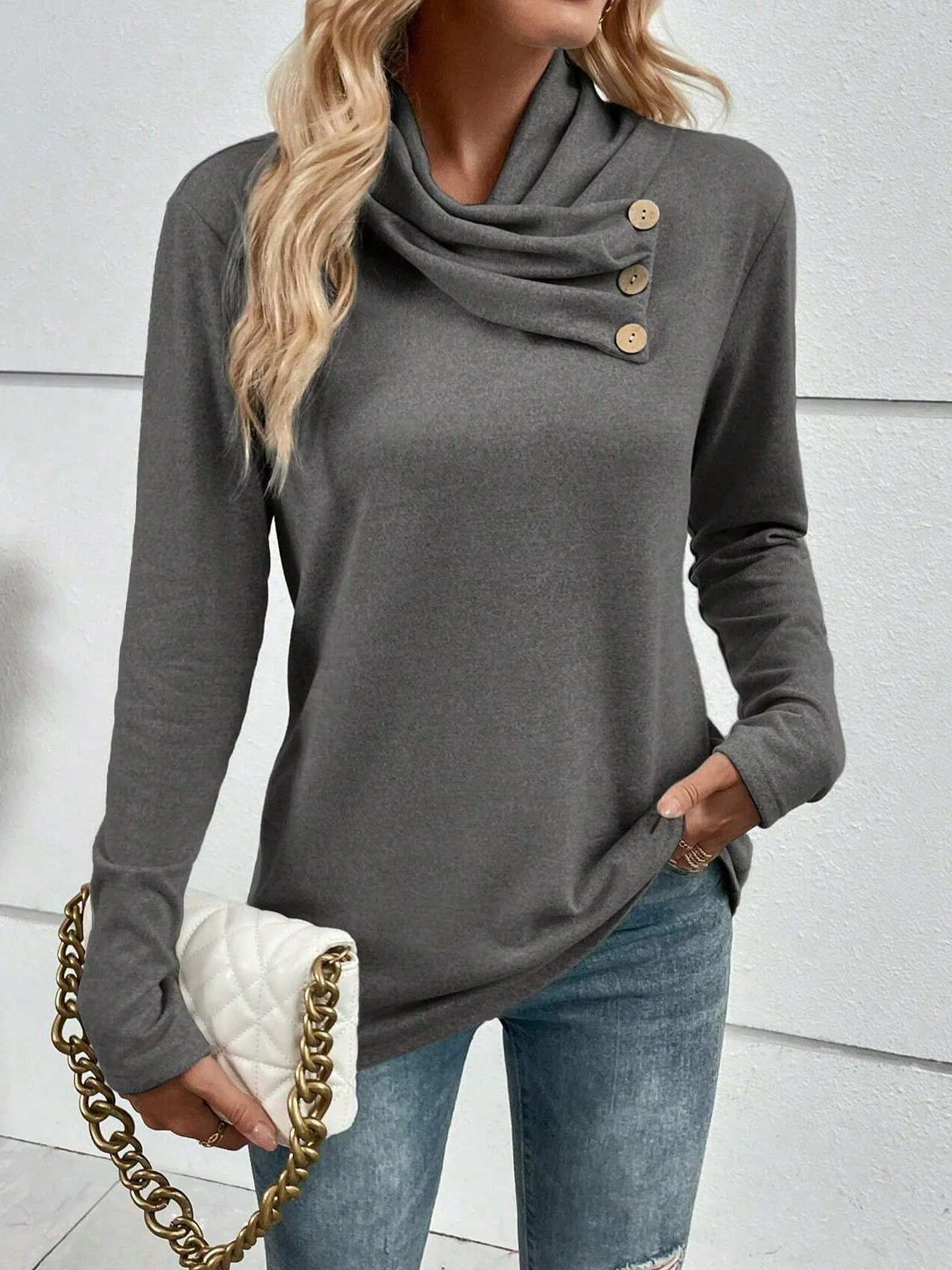 Women's Long Sleeve Blouse Spring/Fall Plain Buckle Knitted Cross Neck Daily Going Out Casual Top